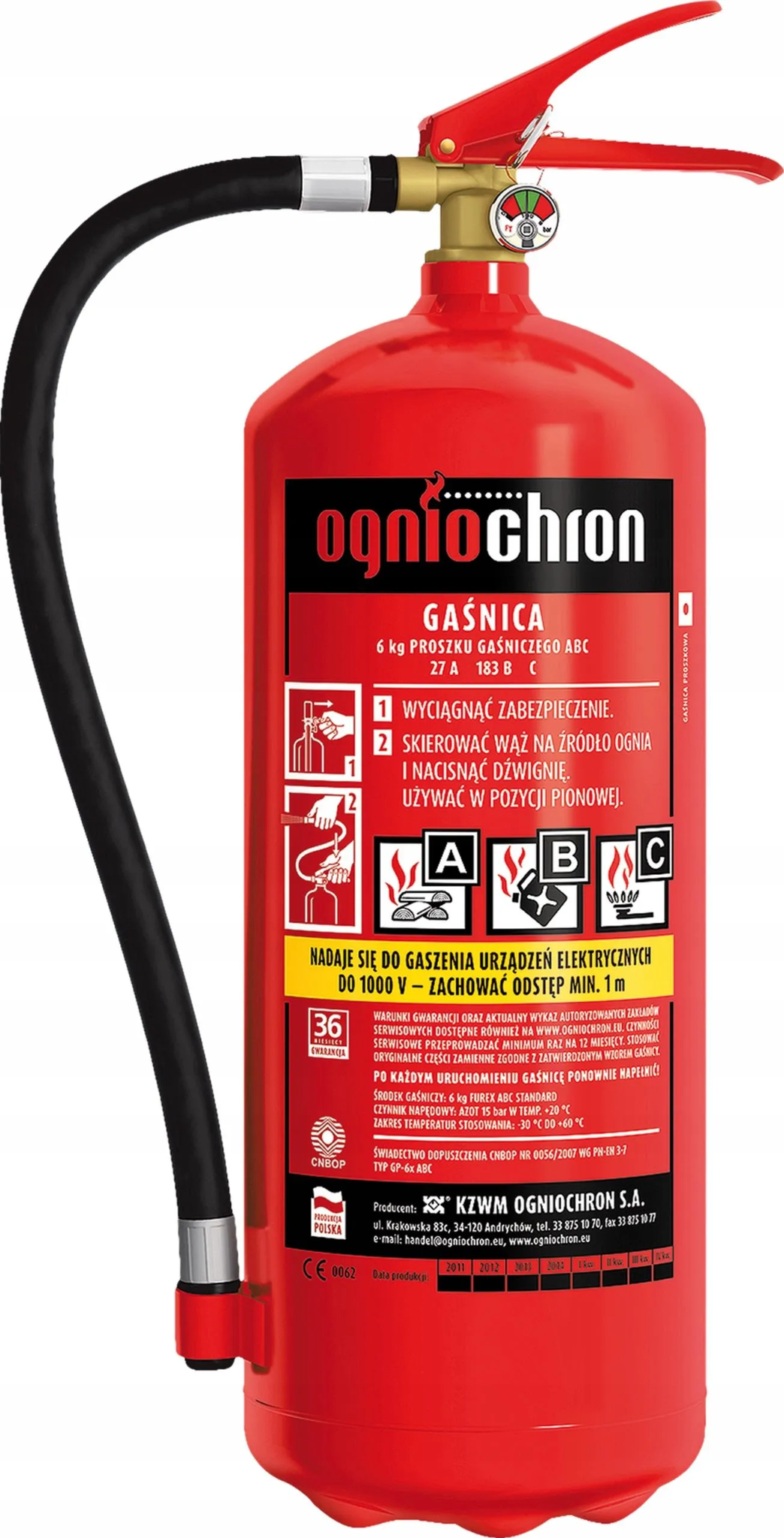 Gaśnica proszkowa 6 kg ABC norma PN-EN3 bezpieczeństwo terminal olejowy